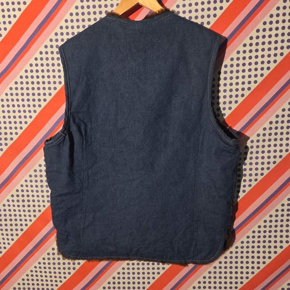 Vintage 70s Denim Vest Faux Fur Lined Western Boho Blue Brown XL - Picture 3 of 5